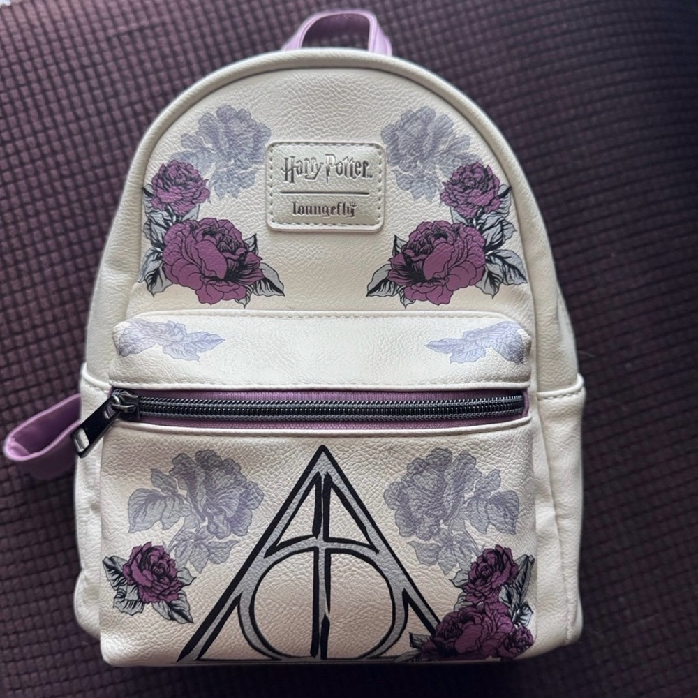 Loungefly Harry Potter Purple Floral Mini Backpack Deathly Hallows